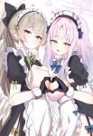  2girls absurdres alternate_costume angel_wings apron black_dress black_gloves blue_archive bow breast_press breasts breasts_out commentary_request dress enmaided feathered_wings frilled_apron frills gloves hair_bow halo heart heart_hands heart_hands_duo highres large_breasts long_hair looking_at_viewer low_wings maid maid_apron maid_headdress mika_(blue_archive) multiple_girls nagisa_(blue_archive) nipples pink_halo ponytail puffy_short_sleeves puffy_sleeves short_sleeves smile symmetrical_docking teik0p waist_apron white_apron white_wings wings 