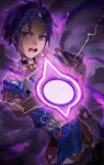  1boy aura blue_hair blue_hoodie cai_castor casting_spell commentary_request dark-skinned_male dark_aura dark_skin fire_emblem fire_emblem:_fortune's_weave highres hood hood_down hoodie iipzeyjhms0dohl looking_at_viewer magic male_focus nose open_mouth outstretched_hand purple_background red_eyes solo teeth tongue two-tone_hoodie upper_body v-shaped_eyebrows white_hoodie 