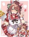  1girl ahoge animal_ears apron black_bow blush bow breasts brown_eyes brown_hair checkered_ribbon chicken_(food) chicken_leg closed_eyes closed_mouth commentary_request dantsu_flame_(umamusume) dress ear_covers ear_ribbon employee_uniform fast_food fast_food_uniform food french_fries fried_chicken hair_between_eyes hair_intakes hairband heart highres horse_ears horse_girl horse_tail kfc large_breasts looking_at_viewer muku_(yx388140p15) multicolored_hair official_alternate_costume open_mouth pink_hairband red_dress short_sleeves striped_clothes striped_dress tail thighhighs umamusume vertical-striped_clothes vertical-striped_dress white_apron white_hair white_thighhighs white_wrist_cuffs wrist_cuffs 