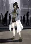  1girl absurdres bear_hair_ornament black_skirt breasts brown_hair carmen_(project_moon) closed_mouth coat collared_shirt commentary_request folder full_body glowing glowing_eyes goriahn green_shirt green_shoes grin hair_ornament hand_in_pocket high_ponytail highres holding holding_folder korean_commentary lab_coat legs library_of_ruina limbus_company lobotomy_corporation long_hair long_sleeves looking_at_viewer pencil_skirt people ponytail project_moon red_eyes shade shadow shirt shoes sidelighting skirt smile solo_focus standing very_long_hair white_coat wing_collar 