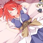  bed breasts character_doll closed_eyes hair_bobbles hair_ornament japanese_clothes large_breasts lying nikku_(ra) on_back onozuka_komachi red_hair shiki_eiki sleeping smile solo touhou two_side_up 
