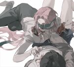  2girls alien_stage black_hair blood blood_on_face blood_on_hand blood_on_thigh commentary covered_eyes english_commentary highres long_hair mizi_(alien_stage) mizi_(zombie_stage) multiple_girls open_mouth pink_hair shirt short_hair shuimian_touzhi sua_(alien_stage) sua_(zombie_stage) very_long_hair white_background white_shirt zombie zombie_stage 