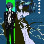  1boy armband black_jacket black_pants blue_hair blue_shirt chinese_commentary closed_mouth collared_shirt commentary_request copyright_name earphones gekkoukan_high_school_uniform hair_over_one_eye hanaseto hands_in_pockets highres jacket long_sleeves male_focus mp3_player multiple_views neck_ribbon open_clothes open_jacket pants persona persona_3 ribbon school_uniform shirt white_shirt yuuki_makoto_(persona_3) 