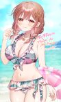  1girl bare_arms bare_shoulders bikini bikini_skirt braid breasts brown_hair cleavage closed_mouth commentary_request cowboy_shot day frilled_bikini frills front-tie_bikini_top front-tie_top hand_up highres indie_virtual_youtuber innertube large_breasts multi-source_commentary multicolored_bikini navel orange_eyes outdoors sakurane_non smile solo stomach swim_ring swimsuit syandega twin_braids two-tone_bikini virtual_youtuber white_bikini 