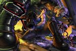  1boy 1girl absurdres blue_tank_top clothes_around_waist commentary english_commentary fingerless_gloves gloves gun highres holding holding_gun holding_weapon jill_valentine monster muscular muscular_female nemesis_(resident_evil) resident_evil resident_evil_3:_nemesis resident_evil_3_(remake) sammytighe short_hair strapless sweater sweater_around_waist tank_top tube_top weapon zombie 