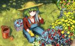  103anon 1girl basket black_shoes blue_flower blue_overalls blush breasts cleavage commentary_request denim flower gloves grass green_hair hair_between_eyes hat highres holding holding_rag holding_scissors jeans kazami_yuuka kneeling large_breasts long_sleeves looking_at_viewer looking_up medium_hair overalls pants plaid_clothes plaid_shirt red_eyes red_flower red_shirt scissors shirt shoes sleeves_rolled_up smile solo straw_hat teeth touhou watering_can wiping_face yellow_flower yellow_gloves yellow_hat 