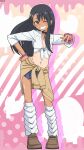  1girl alternate_costume artist_name bambi2000line black_choker black_hair blue_skirt breasts brown_eyes brown_shoes choker clothes_around_waist commentary_request dark-skinned_female dark_skin fang full_body grin groin hair_ornament hairclip hand_on_own_hip highres ijiranaide_nagatoro-san loafers long_hair looking_at_viewer loose_socks miniskirt nagatoro_hayase navel one_eye_closed parallel_hairclips pink_background pink_scrunchie scrunchie shirt shoes skin_fang skirt sleeves_rolled_up small_breasts smile socks solo standing sweater sweater_around_waist tanlines tied_shirt white_shirt white_socks wrist_scrunchie 