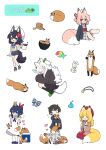  1boy 5girls :d absurdres animal animal_ear_fluff animal_ears barefoot belt belt_buckle beret black_hair black_hoodie black_sailor_collar black_skirt black_socks blonde_hair blue_eyes blue_hair blue_shoes blue_shorts blush bow bowl brown_belt brown_sandals brown_slippers buckle chibi closed_eyes coffee coffee_mug commentary_request crop_top cup dress flower flying_sweatdrops fox fox_ears fox_girl fox_tail green_slippers hair_flower hair_ornament hair_ribbon hakama hakama_skirt hands_up hat hibiscus highres hitodama holding holding_cup hood hood_down hoodie in_bowl in_container japanese_clothes kimono long_hair long_sleeves midriff mug multiple_girls navel obi open_clothes original pink_hair pleated_skirt ponytail puffy_long_sleeves puffy_sleeves rainbow_gradient red_bow red_eyes red_flower red_hakama red_hat red_ribbon ribbon sailor_collar sailor_dress saisoku_no_yukkuri sandals sash seiza shirt shoes short_eyebrows short_shorts shorts simple_background sitting skirt sleeveless sleeveless_shirt sleeves_past_fingers sleeves_past_wrists slippers smile socks striped_bow stuffed_animal stuffed_rabbit stuffed_toy tail thick_eyebrows two_side_up very_long_hair white_background white_dress white_hair white_hat white_kimono white_sailor_collar white_shirt white_socks x_mouth yunomi 