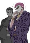  2boys black_hair commentary_request cowboy_shot hair_slicked_back highres japanese_clothes jun_(project_moon) killerohan kimono limbus_company looking_at_another male_focus multiple_boys open_mouth pink_hair print_kimono project_moon purple_kimono purple_sash red_eyes ricardo_(project_moon) sash simple_background sparkle sunglasses white_background 