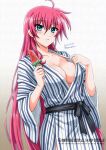  1girl adjusting_clothes ahoge artist_name bath_yukata black_sash blue_eyes breasts casual cleavage collar dated food full_cleavage hair_between_eyes holding holding_food holding_popsicle japanese_clothes kimono large_breasts light_blush long_hair long_sleeves lyrical_nanoha mahou_shoujo_lyrical_nanoha_strikers no_bra obi pink_hair popsicle san-pon sash sidelocks signature signum solo standing striped_clothes striped_kimono sweat tareme twitter_username upper_body very_long_hair watermark watermelon_bar wide_sleeves wispy_bangs yukata 
