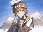  1girl :| aili_(pixiv_114100465) angel angel_wings blue_background brown_eyes brown_hair closed_mouth commentary dress feathered_wings gradient_background haibane_renmei halo highres light_blush looking_at_viewer messy_hair neckerchief orange_sailor_collar rakka_(haibane_renmei) sailor_collar sailor_dress short_hair solo static_cling traditional_halo untranslatable_commentary white_background white_dress wings 