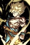  1boy abs aura battle_damage blonde_hair commentary_request damaged dragon_ball dragon_ball_z highres male_focus muscular muscular_male orange_pants pants saiyan scratches solo son_goku spiked_hair super_saiyan super_saiyan_1 torn_clothes tty114514191981 