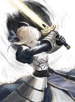  1girl absurdres ahoge armor artoria_pendragon_(fate) black_corset blonde_hair blue_dress braid braided_bun breastplate commentary corset dress english_commentary excalibur_(fate/stay_night) fate/stay_night fate_(series) gauntlets green_eyes hair_bun highres holding holding_sword holding_weapon huge_ahoge medium_hair romaji_commentary saber_(fate) solo sword weapon webireii wispy_bangs 