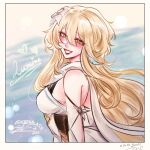  1girl alternate_hair_length_(longer) bare_shoulders blonde_hair blurry blurry_background breasts character_name commentary detached_sleeves dress english_commentary feather_hair_ornament feathers flower from_side genshin_impact hair_between_eyes hair_flower hair_ornament highres large_breasts lipstick long_hair looking_at_viewer lumine_(genshin_impact) makeup outdoors red_lips scarf signature smile solo sun twitter_username upper_body very_long_hair white_dress white_scarf xiizilll yellow_eyes 
