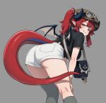  1girl absurdres ass ass_focus asymmetrical_legwear bag bag_charm bent_over black_bag black_shirt black_wings blue_eyes blue_streaks blue_tail brown_hat charm_(object) commentary_request cropped_legs dragon_girl dragon_horns dragon_tail dragon_wings from_behind goggles goggles_on_headwear grey_background grey_shorts grey_socks grey_thighhighs grin hands_on_own_knees hat highres horns kneehighs kneepits korean_commentary long_hair looking_at_viewer looking_back mr_tangsuyuk multicolored_hair neti_(trickcal) newsboy_cap pointy_ears red_hair shirt short_shorts short_sleeves shorts shoulder_bag simple_background single_kneehigh single_sock single_thighhigh smile socks solo streaked_hair tail thighhighs trickcal twintails two-tone_tail wings 