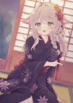  1girl :d ahoge animal_ears architecture arm_under_breasts black_kimono blush braid breasts commentary_request commission dutch_angle east_asian_architecture eyelashes feet_out_of_frame floral_print floral_print_kimono flower green_eyes grey_hair hair_between_eyes hair_flower hair_ornament highres indoors japanese_clothes kanzashi kimono konoquro large_breasts long_hair long_sleeves looking_at_viewer on_floor open_mouth original print_kimono red_flower shouji sidelocks single_braid sitting skeb_commission sliding_doors smile solo tareme tatami twitter_username wide_sleeves yokozuwari yukata 
