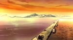  barrel boat cloud dock evening game_asset horizon kouyoku_senki_exs-tia lake landscape lens_flare mountain mountainous_horizon no_humans non-web_source ocean official_art orange_sky outdoors pier scenery self-datamine ship sky sun sunset water watercraft 