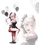  1girl ahoge akane_lize balloon bare_shoulders black_choker black_dress black_gloves black_sandals bow breasts choker cleavage commentary dress gloves hair_bow high_heel_sandals high_heels highres jewelry kuca_(ku_ca18) large_breasts multicolored_hair necklace pienna_(akane_lize) sandals short_dress side_slit solo stellive stool strapless strapless_dress streaked_hair thighs twintails untranslatable_commentary virtual_youtuber white_hair 