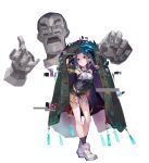  1boy 1girl 404_game_re:set belt belt_buckle black_shorts black_socks boots breasts buckle cathode_(404_game_re:set) closed_mouth commentary_request curtained_hair disembodied_hand disembodied_head facial_hair fingerless_gloves full_body gloves green_gloves grey_eyes grey_hair hand_up high-waist_shorts highres ichimegasa lau_chan low_poly medium_breasts medium_hair mustache official_art open_mouth personification shirt short_hair short_jumpsuit short_shorts shorts simple_background socks twintails virtua_fighter white_background white_boots white_shirt yellow_belt yuugen 