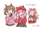  3girls :d agnes_digital_(report:_new_issue_available!)_(umamusume) agnes_digital_(umamusume) animal_ears aran_sweater bow brown_hair cable_knit closed_eyes collared_dress commentary_request dress grey_skirt hair_bow hair_brush haru_urara_(umamusume) haru_urara_(watashi_to_kimi_no_koukanko)_(umamusume) hat heart highres holding holding_hair_brush holding_own_hair horse_ears horse_girl long_hair long_sleeves looking_at_another marimo_(ma_t_t_wo) multiple_girls open_mouth pink_eyes pink_hair puffy_long_sleeves puffy_sleeves red_hat simple_background skirt smart_falcon_(casual)_(umamusume) smart_falcon_(umamusume) smile striped_clothes striped_dress sweater translated twintails umamusume white_background 