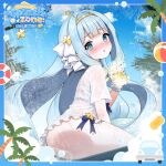  1girl ass ball beachball bikini blue_eyes blue_hair blue_sky blunt_bangs blush commentary english_commentary gradient_hair hairband highres holding holding_sponge jelly_hoshiumi long_hair looking_at_viewer multicolored_hair official_art open_mouth palm_tree phase_connect second-party_source see-through_clothes see-through_shirt shirt sky soap_bubbles solo sponge star_(symbol) swim_ring swimsuit teddypocky tree virtual_youtuber washing_vehicle wet wet_clothes wet_shirt white_shirt yellow_hairband 