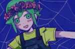  1boy basil_(headspace)_(omori) basil_(omori) blue_overalls blush colored_skin commentary_request double-parted_bangs flower flower_wreath green_eyes green_hair green_shirt head_wreath highres looking_at_viewer male_focus omori open_mouth overalls purple_background scene_reference shirt short_hair short_sleeves sidelocks silk simple_background smile solo spider_web t-shirt tamponade white_skin 
