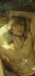  1boy abs arms_up bathtub blonde_hair blood body_writing commentary_request devia_gelo dutch_angle henry_townshend highres in_bathtub injury male_focus navel nipples nude parted_lips pectorals short_hair silent_hill_(series) silent_hill_4:_the_room solo very_short_hair yellow_eyes 