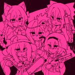  5girls :/ animal_ears bow braid buttons cat_ears chainsaw closed_mouth crowbar disembodied_linked_eye dress eyeball fang gun hair_bow hair_ornament hairband hat hat_bow hata_no_kokoro heart heart_button heart_hair_ornament highres holding holding_chainsaw holding_crowbar holding_gun holding_weapon kaenbyou_rin komeiji_koishi komeiji_satori long_hair long_sleeves looking_at_viewer mask mask_on_head monochrome multiple_girls multiple_tails nekomata open_mouth pink_theme rampa93 reiuji_utsuho shirt shotgun skin_fang skirt smile submachine_gun tail touhou twin_braids two_tails uzi weapon wide_sleeves 
