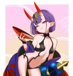  1girl alcohol bare_shoulders breasts bridal_gauntlets commentary cup eyeliner fate/grand_order fate_(series) gourd headpiece highres horns japanese_clothes kimono long_sleeves looking_at_viewer makeup mupp navel off_shoulder oni pointy_ears purple_eyes purple_hair purple_kimono revealing_clothes sakazuki sake short_hair shuten_douji_(fate) skin-covered_horns small_breasts smile solo wide_sleeves 