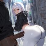  ai-generated ass blanc_(nikke) dark_penis erection floox_(artist) goddess_of_victory:_nikke highres huge_ass interracial pants penis thick_thighs thighs white_hair yellow_eyes yoga_pants 