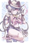  1girl :t absurdres alternate_costume animal_ears bandana bandana_around_neck basket belt boots brown_belt brown_boots brown_gloves brown_hat closed_mouth commentary_request commission cowboy cowboy_hat finger_gun gloves grey_hair hat highres holding holding_rope holding_with_tail looking_at_viewer mouse_(animal) mouse_ears mouse_girl mouse_tail nazrin one_eye_closed pout prehensile_tail red_eyes red_shirt rope shirt skeb_commission solo squatting tail thighs tied_shirt toori_sototo touhou yellow_bandana 