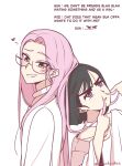  2girls absurdres alien_stage anakt_garden_uniform black_hair english_commentary english_text glasses hair_mustache heart highres long_hair mankovitch mizi_(alien_stage) multiple_girls pink_hair purple_eyes short_hair smile sua_(alien_stage) yellow_eyes yuri 