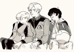  1girl 2boys ahoge banagher_links belt earth_federation earth_federation_space_forces greyscale gundam gundam_unicorn haro highres hood hood_down hoodie jacket looking_at_another military_uniform mineva_lao_zabi monochrome multiple_boys napp riddhe_marcenas robot simple_background sitting 