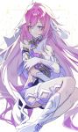  1girl absurdres bare_shoulders black_shorts boots breasts commentary corset diamond-shaped_pupils diamond_(shape) elf elysia_(herrscher_of_human:_ego)_(honkai_impact) elysia_(honkai_impact) gloves h2o_omizu highres honkai_(series) honkai_impact_3rd large_breasts long_hair looking_at_viewer multicolored_hair pink_hair pointy_ears purple_eyes short_shorts shorts simple_background smile solo symbol-shaped_pupils thighs triquetra two-tone_hair veil very_long_hair white_background white_boots white_corset white_gloves white_hair white_veil 