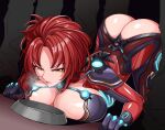  1girl absurdres all_fours angry armored_bodysuit ass bdsm bodysuit bowl breasts cleavage commentary defeat edenmaniac english_commentary heavy_breathing highres honkai_(series) honkai_impact_3rd large_breasts murata_himeko murata_himeko_(scarlet_fusion) open_mouth orange_eyes pet_bowl red_bodysuit red_hair scowl slave solo top-down_bottom-up 