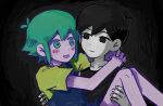  2boys antenna_hair basil_(headspace)_(omori) basil_(omori) black_eyes black_hair black_tank_top blue_overalls blush carrying closed_mouth collarbone colored_skin commentary_request double-parted_bangs expressionless green_eyes green_hair green_shirt hair_between_eyes highres looking_at_another male_focus multiple_boys omori omori_(omori) open_mouth overall_shorts overalls princess_carry shirt sidelocks smile t-shirt tamponade tank_top white_skin 