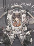  1girl arm_cannon armor armor_skirt brown_hair burger cable cellphone commentary_request eating english_text exoskeleton food food_on_face green_eyes hashtag highres holding holding_burger holding_food holding_phone ice_cream jumpsuit maschinen_krieger mecha mecha_pilot_suit mejirowkaku on_ground open_cockpit orange_jumpsuit original pakf phone power_armor print_armor robot short_twintails sitting smartphone solo sticker strahl_democratic_republic too_many_stickers twintails weapon 