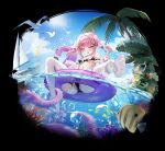  1girl absurdres bikini bird blush boat bow breasts bubble commentary_request feet_up food frilled_bikini frills full_body hair_ornament highres holding holding_food holding_popsicle jihua_tong leg_up low_twintails maid maid_bikini o-ring ocean palm_leaf palm_tree pantyhose pink_eyes pink_hair pointy_ears popsicle sailboat seagull sitting sky small_breasts soles spread_legs sunlight swimsuit tentacles toes tree twintails unconventional_maid underwater watercraft white_pantyhose 