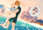  2boys 2girls :d ;d ^_^ absurdres ahoge alternate_costume applying_lotion arm_under_breasts armpit_crease armpits asymmetrical_bangs bare_shoulders barefoot beach bikini black_bow black_hair black_sandals black_swim_trunks blonde_hair blue_bikini blue_flower blue_sleeves blunt_bangs blunt_ends blurry blurry_background blush bodystocking bow bow_bikini breasts brooch brown_hair brown_hat bucket building chair cleavage closed_eyes collarbone commentary contemporary couple curtained_hair cut-in dating drawstring dutch_angle elbow_gloves english_commentary eyelashes facing_another facing_down fingerless_gloves fingernails flower flower_bikini freckles frilled_one-piece_swimsuit frills fur-trimmed_swimsuit genshin_impact gloves gold_trim green_male_swimwear green_shorts green_sleeves green_swim_trunks hair_between_eyes hair_ribbon hand_on_another's_face hand_up happy hat hetero highleg highleg_one-piece_swimsuit highres holding holding_bucket hug hug_from_behind jewelry long_hair looking_at_another looking_at_viewer lumine_(genshin_impact) male_swimwear medium_breasts mona_(genshin_impact) mountainous_horizon multicolored_flower multiple_boys multiple_girls one-piece_swimsuit one_eye_closed open_mouth outdoors outstretched_arm pectorals ponytail_holder purple_one-piece_swimsuit red-framed_eyewear red_ribbon ribbon sandals scaramouche_(genshin_impact) see-through_clothes see-through_sleeves seiza shirt shore short_hair short_hair_with_long_locks short_sleeves shorts sidelocks sitting smile star_brooch summer sun_hat sunburn sunglasses susu_rakocy swimsuit tareme tartaglia_(genshin_impact) teeth thigh_strap toenails toes topless_male tree twintails upper_teeth_only wading waist_hug water water_drop white_eyes white_flower white_one-piece_swimsuit white_shirt white_sleeves wispy_bangs wristband yellow_eyes 