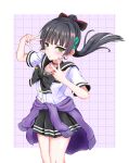  1girl absurdres belt belt_collar black_bow black_hair black_sailor_collar black_skirt blue_border blue_nails blunt_bangs blunt_ends blush border bow brown_belt cardigan cardigan_around_waist chest_bow clothes_around_waist collar commentary_request cowboy_shot double_v eyelashes floating_hair green_eyes gyaru heaven_burns_red highres kiri_giri41 kogal long_hair looking_at_viewer miniskirt nail_polish natsume_inori natsume_inori_(lapis_lazuli_adolescence) official_alternate_costume outside_border parted_lips pleated_skirt ponytail sailor sailor_collar sailor_shirt school_uniform serafuku shirt short_sleeves sidelocks simple_background skirt textless_version thighs translation_request v white_shirt 