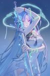  1girl absurdres blue_hair breasts closed_mouth commentary_request covered_navel dress earrings fiery_horns forehead_tattoo hair_intakes highres holding holding_sword holding_weapon horns jewelry kinali_0828 large_breasts long_hair outdoors purple_eyes qingxiao_(wuthering_waves) sky smile solo star_(sky) starry_sky sword tacet_mark_(wuthering_waves) tattoo thighhighs thighs weapon white_dress white_thighhighs wuthering_waves 