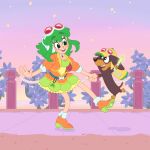  1boy 1girl bluey chaibee commentary dachshund dog_boy east-west_crossover english_commentary glowstick goggles goggles_on_head green_hair gumi headphones headset highres holding_hands jacket orange_jacket red-tinted_eyewear red_goggles short_hair short_hair_with_long_locks snickers_(bluey) tinted_eyewear toon_(style) vocaloid 