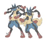  2others closed_mouth furry half-closed_eyes hands_on_own_hips highres lucario mega_lucario multiple_others pokemon pokemon_(creature) pokemon_focus red_eyes simple_background spikes standing tillubreakin yellow_fur 