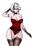  1girl absurdres alternate_costume arlecchino_(genshin_impact) arm_behind_head black_garter_straps black_hands black_streaks black_thighhighs breasts charlie_purrito choker cleavage colored_extremities commentary cowboy_shot english_commentary garter_straps genshin_impact hair_between_eyes highres lace-trimmed_choker lace-trimmed_thighhighs lace_trim large_breasts leotard looking_at_viewer multicolored_hair parted_lips red_choker red_leotard red_pupils simple_background solo strapless strapless_leotard streaked_hair symbol-shaped_pupils thighhighs white_background white_hair x-shaped_pupils 