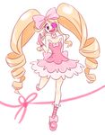  bare_shoulders big_hair blonde_hair blue_eyes boots bow breasts cleavage doyasa dress drill_hair earrings eyepatch full_body hair_bow harime_nui heart jewelry kill_la_kill long_hair medium_breasts pink_bow pink_dress pink_footwear scissor_blade smile solo strapless strapless_dress twin_drills twintails wrist_cuffs 