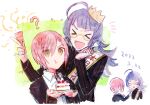  >_< 1boy 1girl :d :t ? ahoge birthday_sash cake cake_slice commentary_request crown dated feeding food fork holding holding_fork holding_party_popper jack_jeanne long_hair multiple_views neji_kokuto open_mouth party_popper pink_hair purple_hair reverse_trap sash short_hair shoulder_sash smile strawberry_shortcake sweatdrop tachibana_kisa xd yellow_eyes yuhazu_(rhe-rhe) 