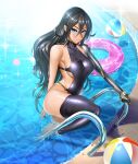  ass ball beachball black_hair black_thighhighs blue_eyes breasts commentary_request covered_nipples dark_skin fuuma_amane highres huge_ass innertube large_breasts long_hair looking_at_viewer looking_up mechanical_arms messy_hair pool poolside shindol sideboob single_mechanical_arm swim_ring swimsuit taimanin_(series) taimanin_rpgx thick_thighs thighhighs thighs wet wet_clothes wet_hair wet_swimsuit 