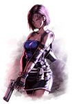  1girl bare_shoulders benoit_picard black_gloves black_skirt blue_tube_top breasts brown_hair clothes_around_waist commentary dirty elbow_pads english_commentary fingerless_gloves gloves gun handgun highres holding holding_gun holding_weapon jill_valentine looking_at_viewer miniskirt parted_lips resident_evil resident_evil_3:_nemesis resident_evil_3_(remake) short_hair single_elbow_pad skirt solo strapless sweater sweater_around_waist tube_top weapon 