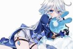  1girl ahoge ascot asymmetrical_gloves black_ascot black_gloves blue_eyes blue_hair blue_hat blue_jacket blush bubble closed_mouth creature drop-shaped_pupils eyes_visible_through_hair feet_out_of_frame furina_(genshin_impact) genshin_impact gloves hair_between_eyes hat heterochromia hug jacket jewelry long_hair long_sleeves looking_at_viewer multicolored_hair seelie_(genshin_impact) shinoo0915 simple_background smile solo streaked_hair symbol-shaped_pupils top_hat water white_gloves white_hair 