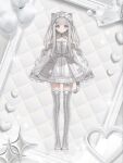  1girl :3 animal_ear_fluff animal_ears balloon bell blunt_bangs blush boots bow breasts cat_ears cat_girl cat_tail cat_zipper chino_(valis) chocoan commentary_request detached_collar detached_sleeves dress frilled_boots frilled_dress frilled_footwear frilled_sleeves frills grey_eyes grey_hair hair_ornament highres kamitsubaki_studio lace-up_boots long_hair long_sleeves looking_at_viewer maid_headdress o-ring official_alternate_costume official_alternate_hairstyle sidelocks sinsekai_record sleeveless sleeveless_dress sleeves_past_wrists small_breasts solo tail tail_bell tail_ornament thigh_boots thigh_strap valis_(sinsekai) wavy_hair white_boots white_bow wide_sleeves zipper zipper_pull_tab 
